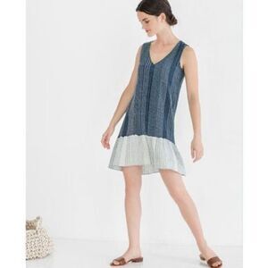 Lilla P V-Neck Peplum Summertime Soft Cotton Dark & Light Blue Mini Dress Small